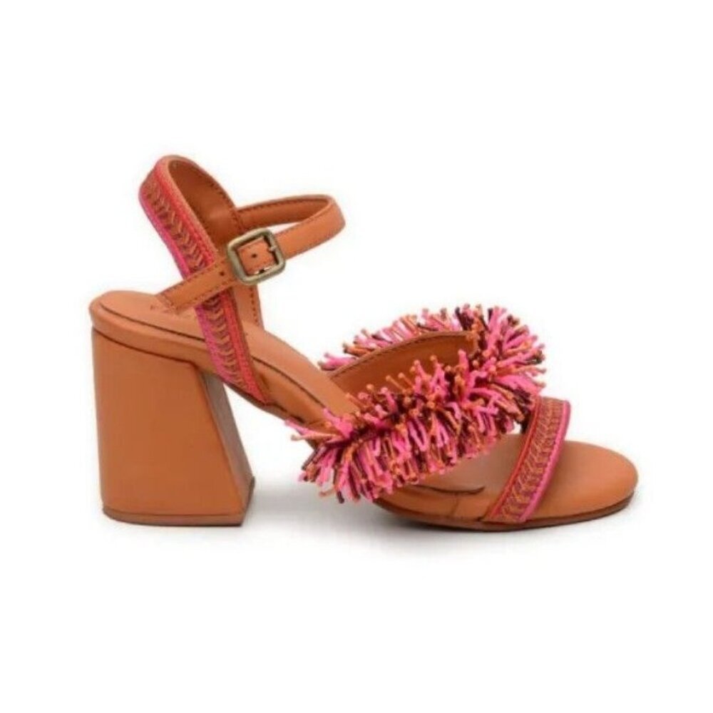 NIB FARM Rio Pink Shiny Heeled Sandal Beaded Fringe Embroidered US 8 EU 39